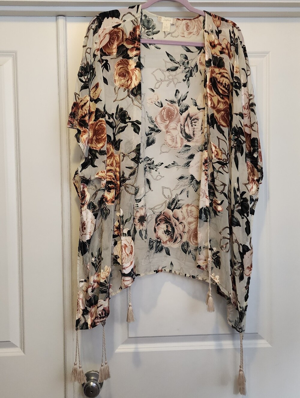Japna Sheer And Veleur Floral Kimono Cardigan in Cream, Peach & Black